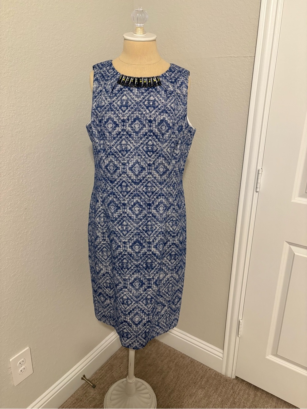 Etcetera Navy & White Printed Sleeveless Sheath Dress